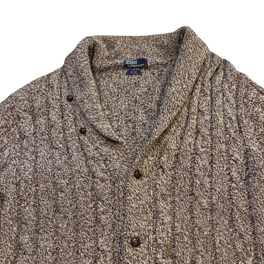 Polo Ralph‎ Lauren Mens Brown Wool Silk Linen Cable Knit Shawl Collar Cardigan